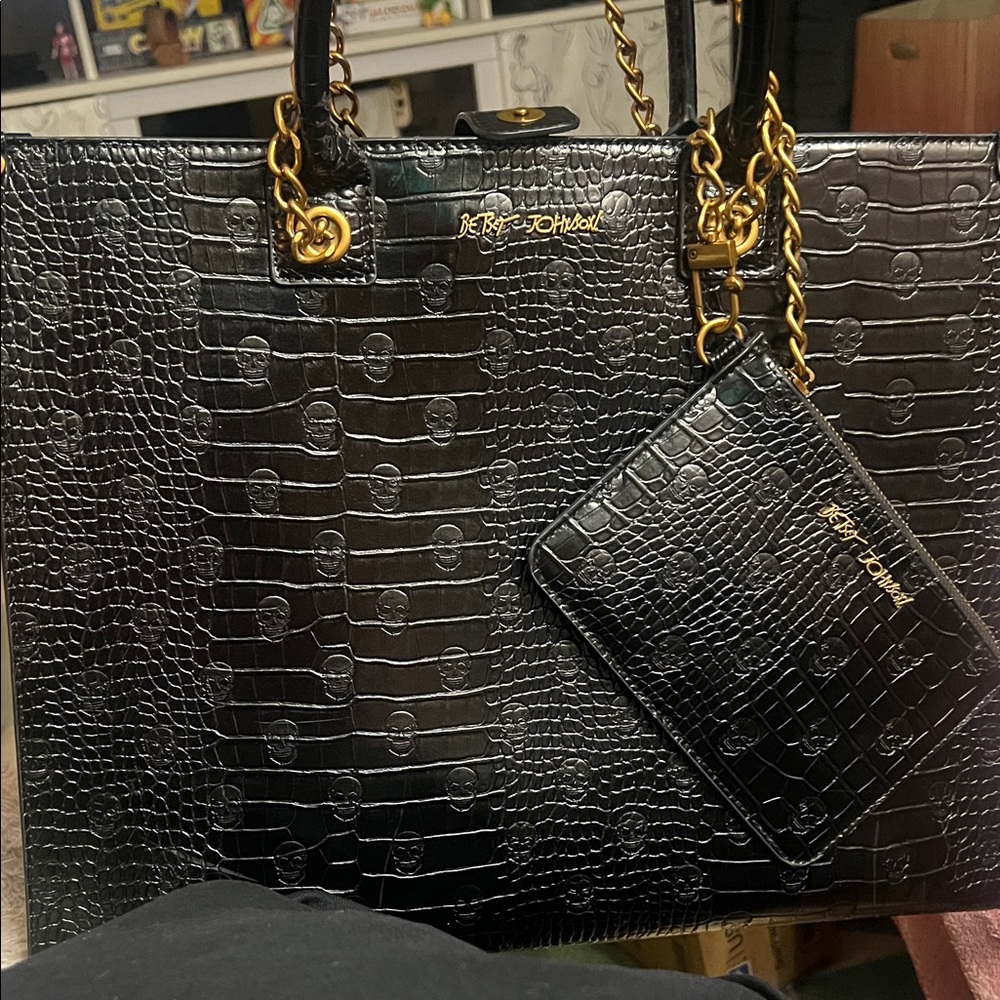 Betsey Johnson Black Embossed Tote with Gold Accents